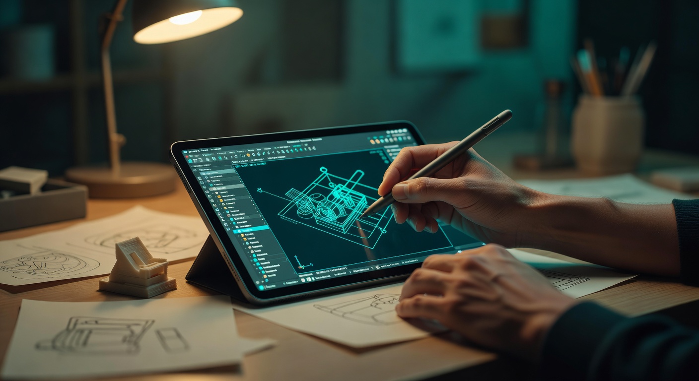 Designer arbeitet an einem 3D-CAD-Modell auf Tablet