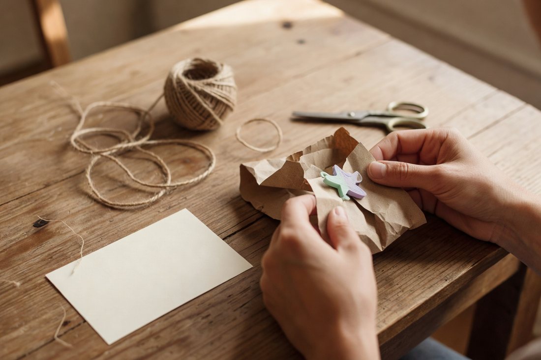 Ein 3D-gedrucktes Stück wird in Recyclingpapier verpackt